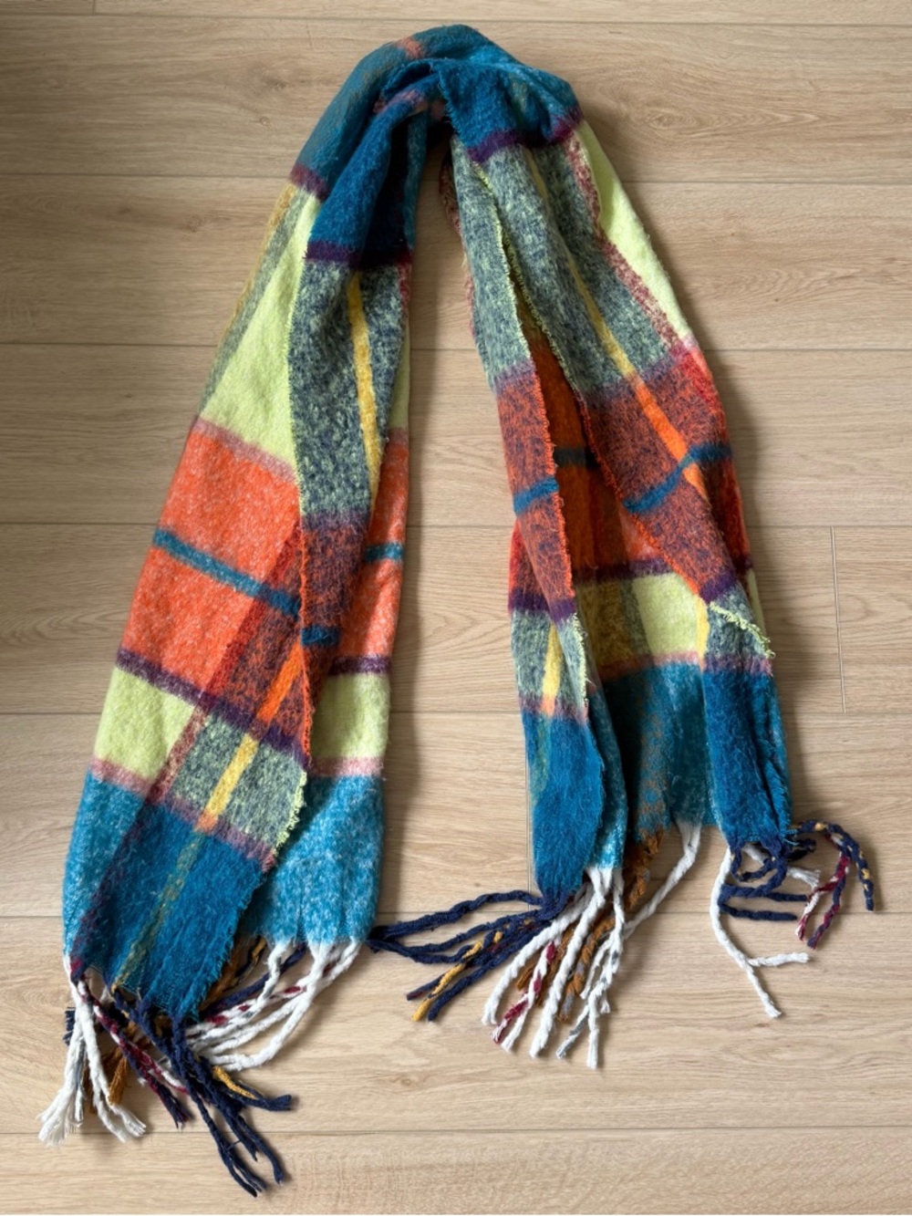 Cozy Plaid Fringe Blanket Scarf in Teal, Orange & Lime
